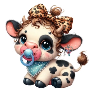 15 schattige babykoe png-afbeeldingen met grote ogen, luipaardstrik, fopspeen, oorbellen en blauwe bandana voor sublimatie