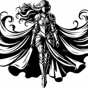 4 Arquivos de corte SVG de mulher guerreira – Guerreira elegante com capa – Clipart de armadura épica para Cricut e Silhouette Crafts