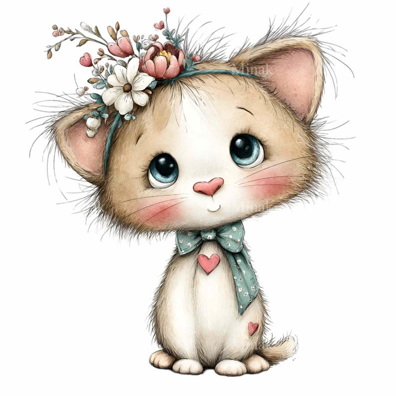 15 PNG Floral Kitten Clipart, Whimsical Cat With Bow, Pink Flower Crown ...