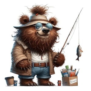 10 cliparts d'animal de pêche PNG - ours avec une canne PNG - dessin animé vintage de pêcheur pour une décoration de cabine et des travaux manuels sur le thème de l'extérieur