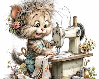 16 PNG Sewing Cat Clipart – Vintage Kitten Sewing Machine Handmade Labels, Crafters, Planner Printables