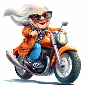 24 Lustige Biker Oma PNG Clipart - Coole Oma Motorrad mit roter Jacke & Brille - Fun Senior Adventure Art