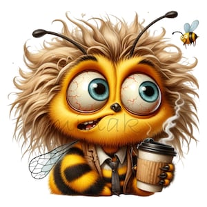 Schrullig Biene Kaffee trinken 12 PNG lustig Herbst Kinder Comics Cartoon Illustration Clipart Sublimation, Kartenherstellung, Babyparty, Geschenkkarte