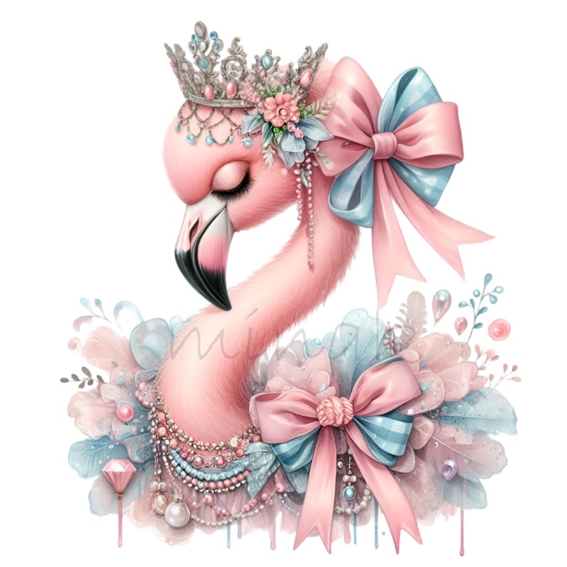 Elegant Flamingo PNG Clipart - Royal Pink Flamingo with Crown & Bows Digital Download for Sublimation & Crafts