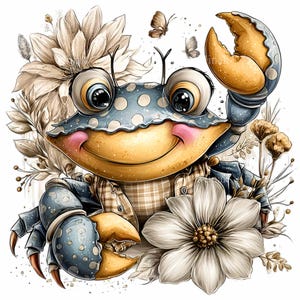May include: A whimsical illustration of a cartoon crab with a blue polka-dotted shell and large, expressive eyes. The crab wears a plaid shirt and is surrounded by flowers and butterflies, creating a cheerful and playful design.