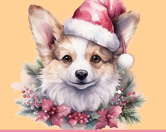 20 cuccioli di Corgi in formato PNG per le feste, clipart con cappello di Babbo Natale rosso, illustrazione di cane invernale