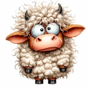 10 flauschige Kuh PNG Clipart, niedliche Cartoon Kuh mit lockiger Wolle und großen Augen, lustiges Tier auf dem Bauernhof digitaler Download