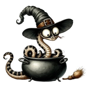 Witch Snake Clipart PNG - 10 Cute Snake in Witch Hat and Cauldron, Halloween Cartoon Illustration, Instant Download