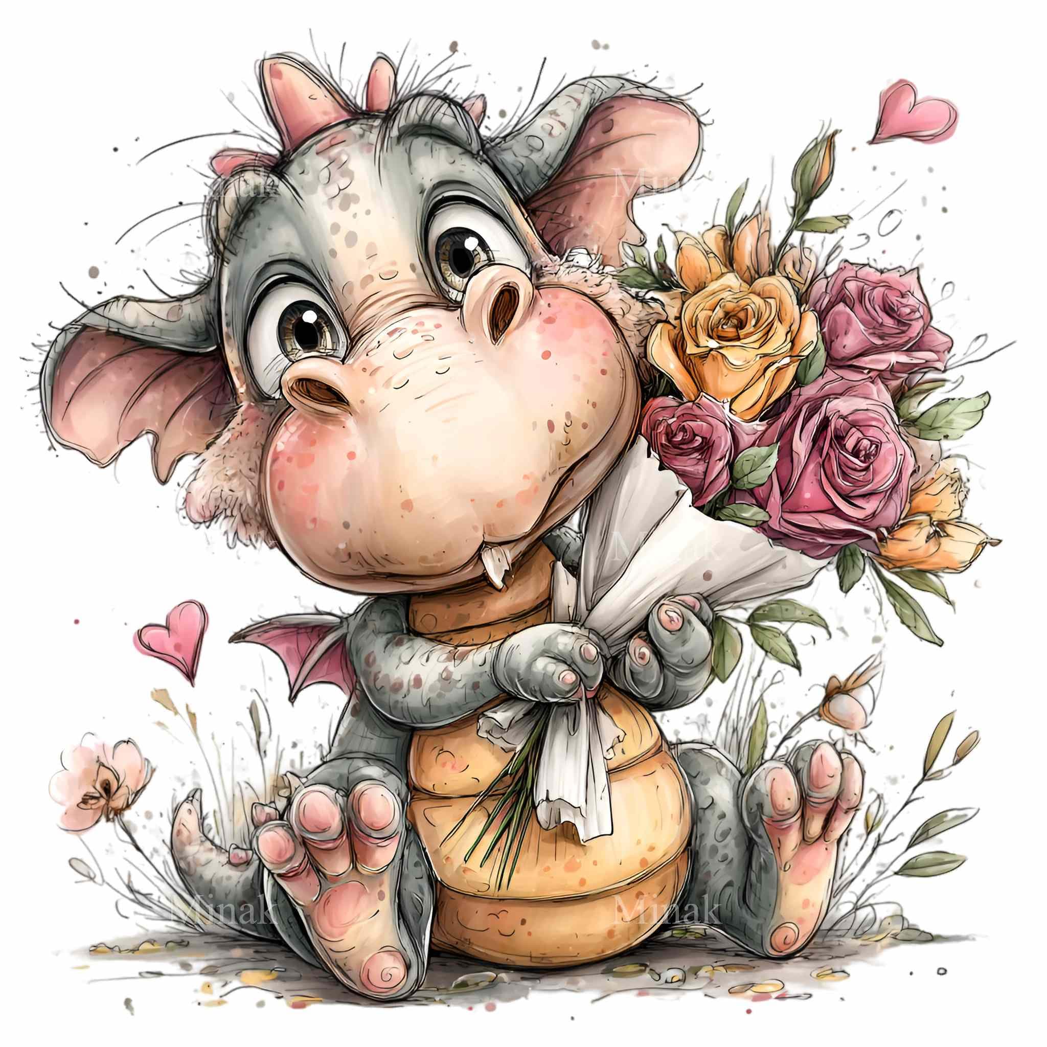 15 PNG Baby Dragon Clipart – Fantasy Animal With Roses for Valentine ...