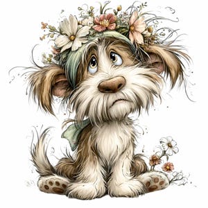 May include: A whimsical illustration of a dog with brown and white fur, adorned with a floral crown of cream and peach-colored flowers. The dog has a sad expression and is sitting down, with a green bow around its neck.
