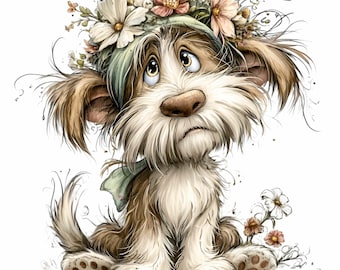 15 PNG Floral Puppy Clipart – Cute Dog PNG – Rustic Cartoon Pet Illustration for Baby Shower Decor, Kids Room Wall Art, Digital Download