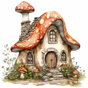 15 PNG Mushroom House - Cottage fantastique PNG Clipart - maison fantaisiste de champignon vénéneux pour des travaux manuels de conte de fées, une décoration d'enfants et un scrapbooking