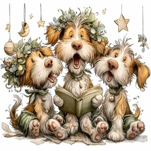 Può includere: Illustrazione di tre cani che cantano con pelo marrone e bianco, che indossano sciarpe verdi e corone di foglie. Un cane tiene in mano un libro. Stelle, lune e ornamenti decorativi appesi sullo sfondo. I cani sono seduti su un mucchio di carte.