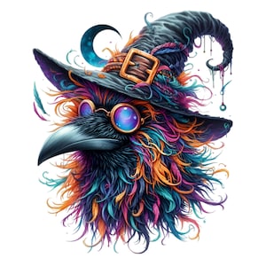 14 PNG clipart colorido de corvo de Halloween, corvo de bruxa PNG com óculos, pássaro gótico mágico, decoração de fantasia mística