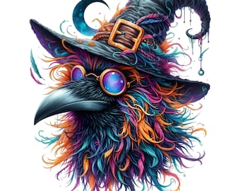14 Colorful Raven Witch Hat PNG, Rainbow Feathers Moon Print