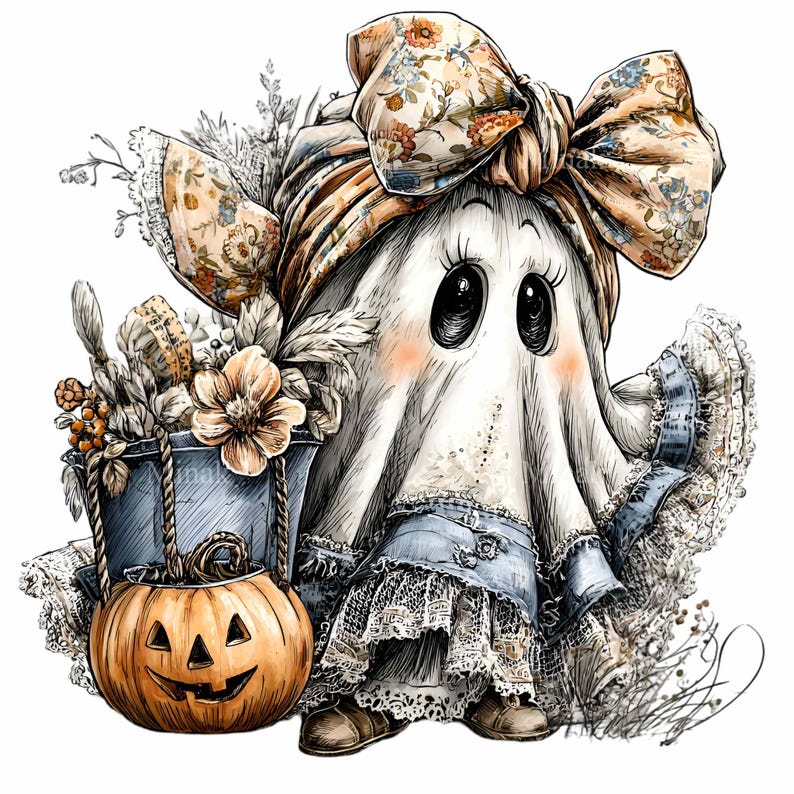 12 PNG Halloween Floral Ghost – Cute Ghost Clipart for Autumn Party ...