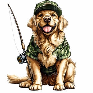 12 imágenes prediseñadas PNG de pescador golden retriever con caña de pescar y sombrero, ilustración caprichosa al aire libre