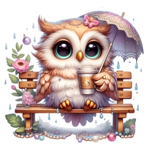 12 Cute Owl Clipart PNG, Owl with Umbrella and Coffee Cup on Bench, Adorable Digital Download for Crafts