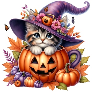 12 adorables gatitos de Halloween con calabazas PNG, gato brujo con una linterna de calabaza, descarga digital con estética otoñal
