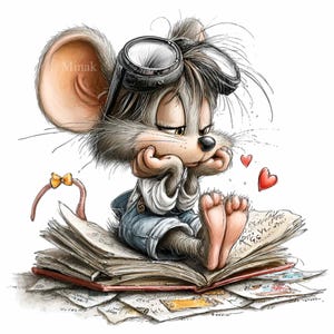 Puede incluir: Ilustración de un ratón de dibujos animados con gafas, apoyando la barbilla en las manos y sentado sobre una pila de libros. El ratón viste un peto vaquero y una camisa blanca. Corazones rojos flotan. La imagen tiene un estilo suave y de dibujos animados.