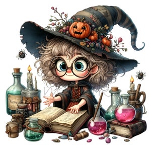 May include: A young witch with curly brown hair wears a pointed black hat with a pumpkin and berries. She holds an open book and wears round glasses. She is surrounded by potion bottles, candles, and other magical items.