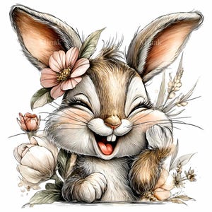 May include: A watercolor illustration of a smiling bunny with brown and white fur, adorned with pink flowers and green leaves. The bunny is holding a flower and has a joyful expression, perfect for Easter or spring-themed designs.