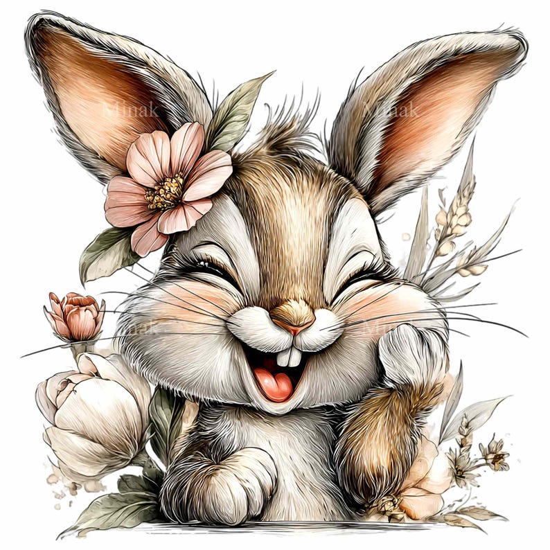 May include: A watercolor illustration of a smiling bunny with brown and white fur, adorned with pink flowers and green leaves. The bunny is holding a flower and has a joyful expression, perfect for Easter or spring-themed designs.