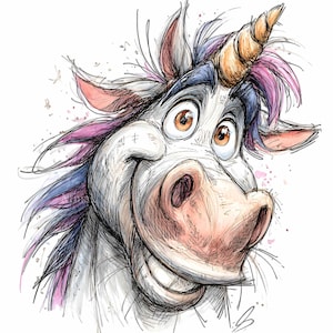 12 PNG Funny unicorn – Cute cartoon horse clipart – Magical animal art for kids crafts, birthday party decor, printable wall art designs