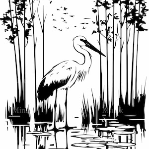 8 SVG Water Bird in Wetland SVG Cut File | Cena do Lago Heron com Árvores e Lírios | Cricut & Laser Silhouette Art