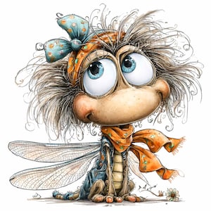 15 PNG Funny dragonfly clipart – Quirky bug PNG file – Whimsical insect with scarf for planner stickers, kids crafts and greeting cards