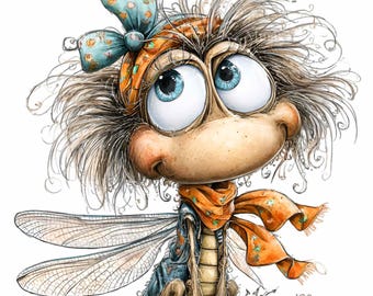 15 PNG Funny dragonfly clipart – Quirky bug insect with scarf, planner stickers, kids craft