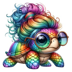 May include: A rainbow-colored turtle with a rainbow-colored wig and round sunglasses. The turtle is wearing a colorful wig with a bun on top.