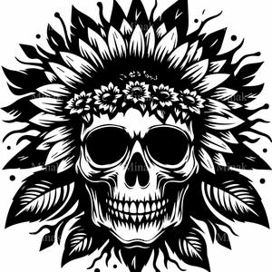 8 SVG de calavera y girasol, archivo de corte de calavera con flor gótica, clipart de girasol oscuro, silueta de esqueleto floral espeluznante para manualidades