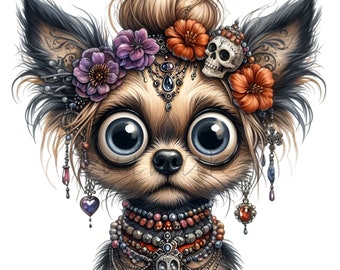 12 PNG Gothic Chihuahua Sugar Skull Dog Clipart, Witch Floral Crown