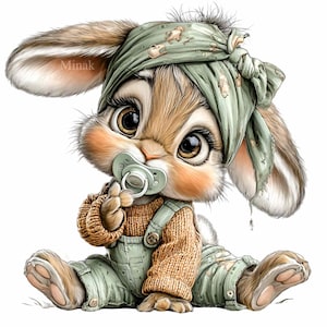 May include: A digitally rendered image of a baby bunny wearing a green bandana, overalls, and a knitted sweater. The bunny has large, expressive eyes and a pacifier in its mouth. The overall color palette is soft and pastel.
