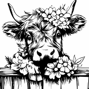 4 Highland Cow SVG Cut File - Lindo bebê vaca com coroa floral e cerca - Download digital para Cricut e Silhouette