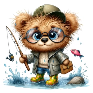 15 PNG PNG - süsser Bär im Regenmantel mit Angelrute und Brille - regnerischer Tag Clipart für Kinder Basteln