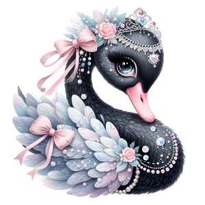 10 Zwanenprinses PNG-illustraties - versierd met parels, tiara, rozen en roze strikken - digitale download