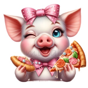 12 imágenes PNG de cerdos de pizza: cerditos adorables con comida. Arte animal divertido para manualidades infantiles, pegatinas, decoración de fiestas e impresiones por sublimación.