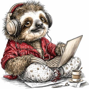 May include: Illustration of a sloth wearing headphones and red pajamas with white polka dots, sitting cross-legged and using a laptop. A coffee mug, papers, and a pen are nearby. The sloth is in a relaxed pose.