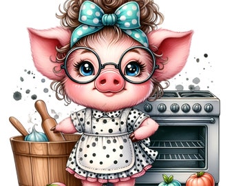 15 Baking Pig PNG, Kitchen Oven Clipart, Polka Dot Apron Graphic