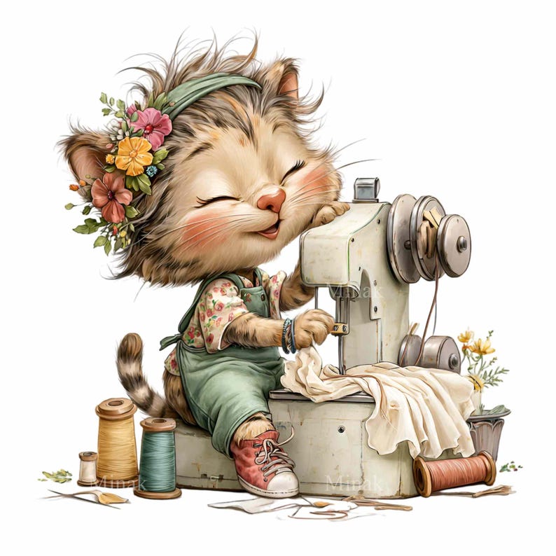 16 PNG Sewing Cat Clipart – Vintage Kitten Sewing Machine Handmade ...