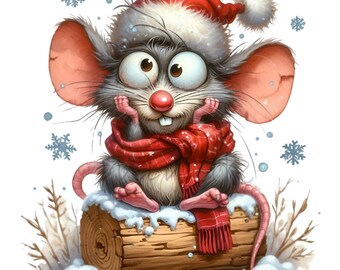 15 Tronchi di topo invernali PNG, clipart di roditori con cappello di Babbo Natale, grafica di animali natalizi