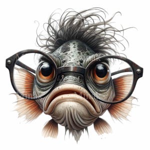 14 Funny Fish PNG Clipart - Grumpy Fish with Messy Hair and Glasses - Quirky Digital Download for Sublimation and Crafts