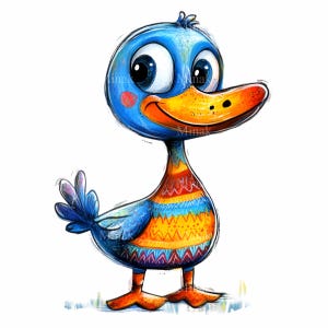 16 imágenes prediseñadas PNG de patos coloridos: lindo pato de dibujos animados con patrones de garabatos, arte de pájaros caprichosos, descarga digital, sublimación