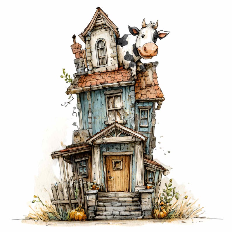 16 PNG Whimsical Cow House Clipart – Fairytale Farmhouse With Animal on ...