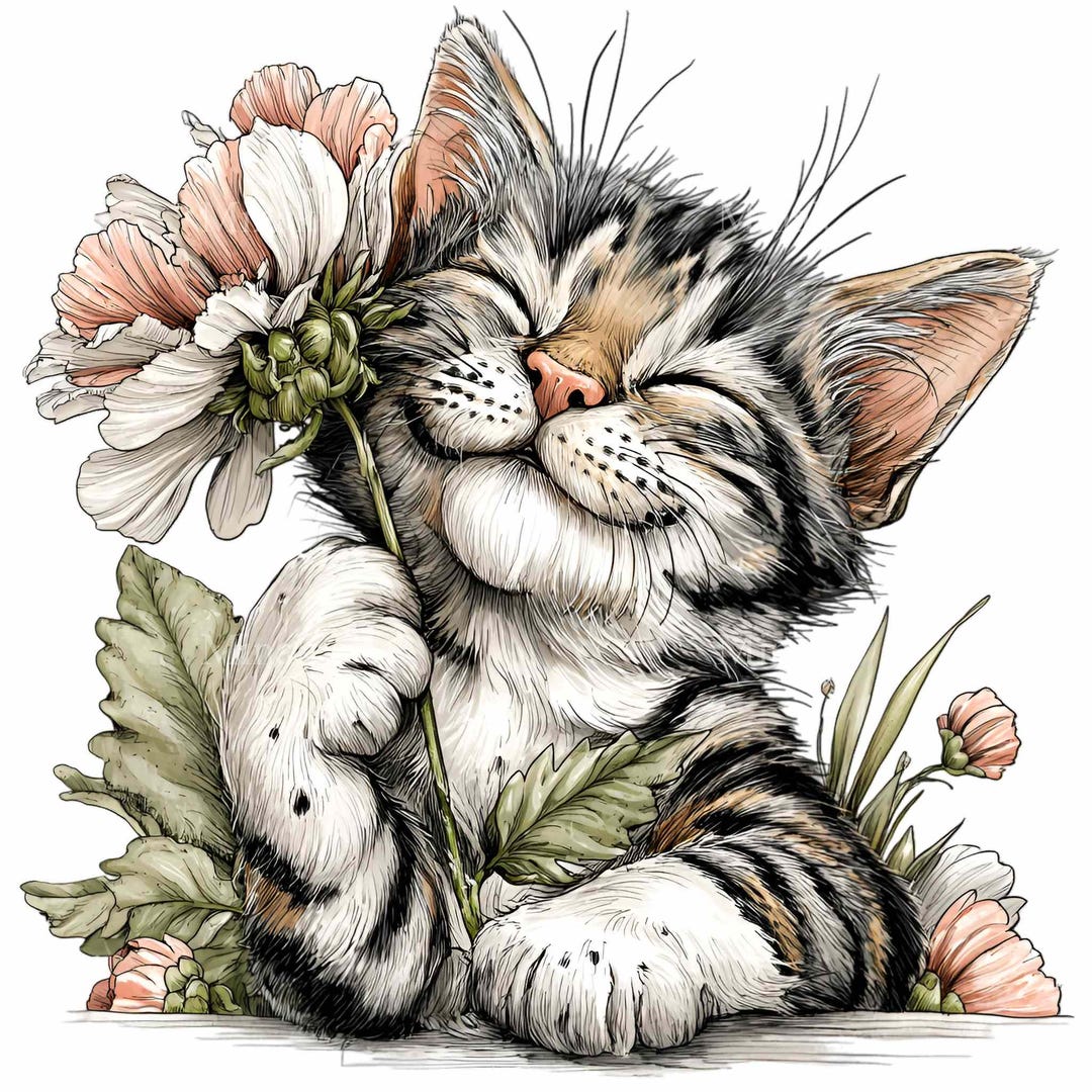 12 PNG Floral Cat Clipart - Cute Kitten With Flowers Digital Download ...