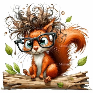 14 PNG Messy hair squirrel – Nerdy squirrel PNG – funny autumn woodland animal with glasses and crazy hair for fall crafts and teacher gifts