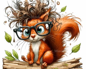 14 PNG Messy hair squirrel – Nerdy squirrel PNG – funny autumn woodland animal with glasses and crazy hair for fall crafts and teacher gifts