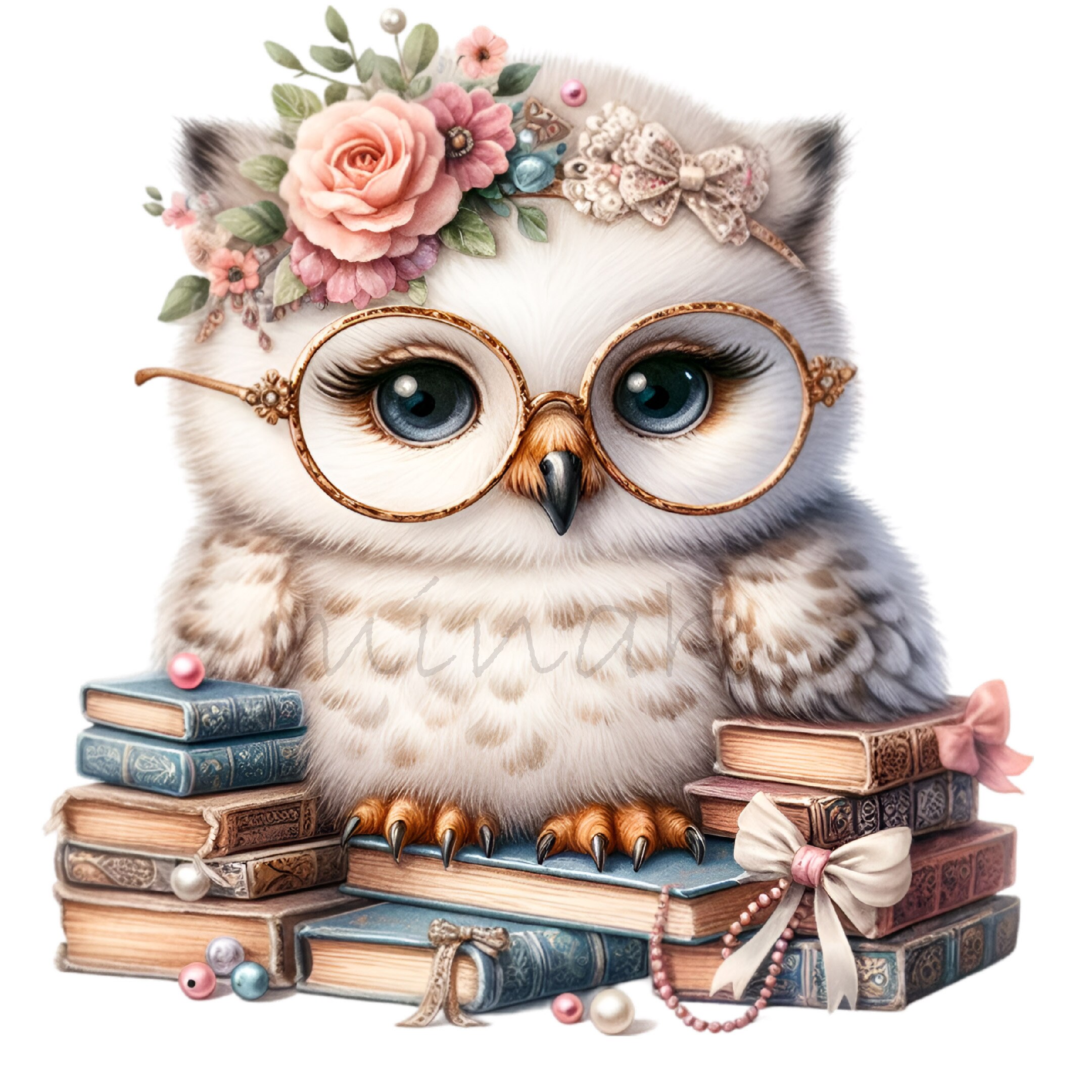 12 Owl With Glasses Books Clipart, Floral Rose Library Vintage Png Art